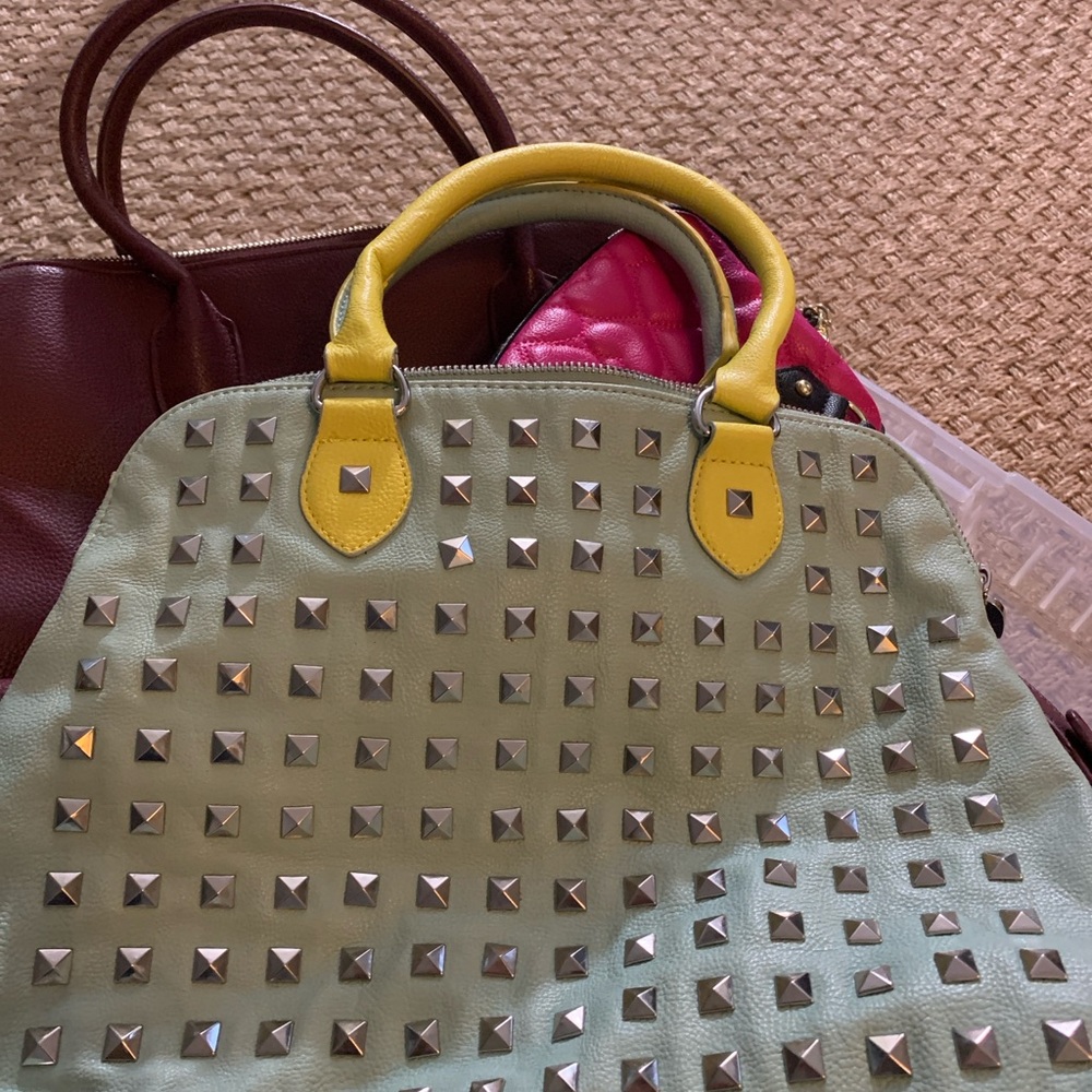 Betsey Johnson Black Floral Tote with Mint and Yellow Trim Accents